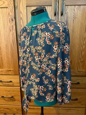 Teal Blue Floral Tie-Neck Blouse